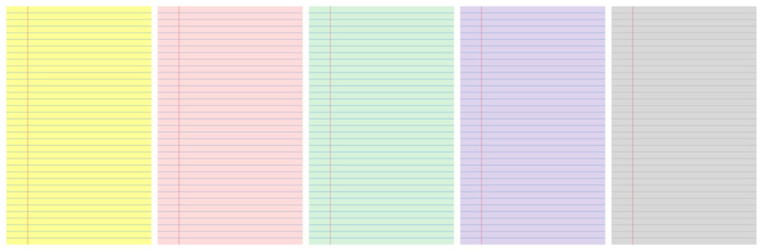 Set of vertical lined notebook paper backgrounds. Pastel purple, yellow, pink, green, gray colored striped legal pad page notes. Five vertical vintage memo templates, blanks for writing.