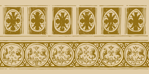 heraldic frames with crosses and fleur de lis in gold and cream colors high quality © Apurba