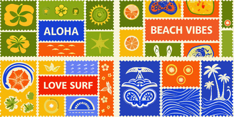 tropical themed stamps with vibrant colors and beach motifs high quality professional detailed modern elegant © Apurba