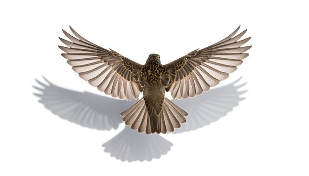 Bird in flight, wings outstretched, shadow cast