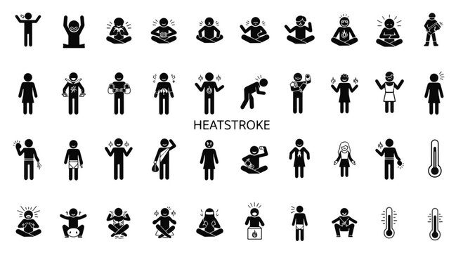 Extreme Heat Icon Set Person Silhouette Symbol Grouping