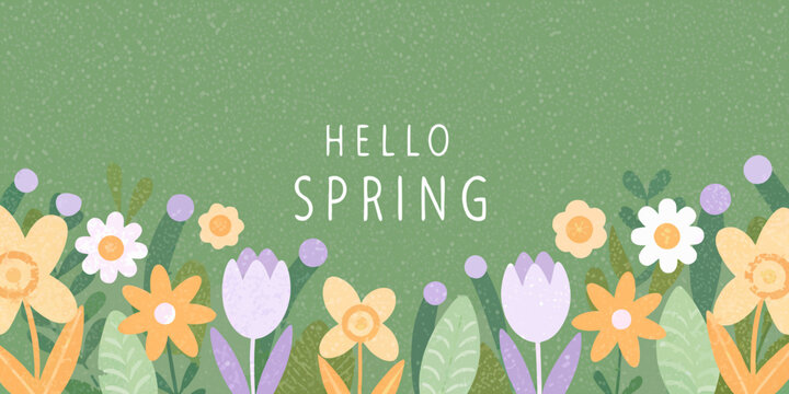hello spring text with colorful flowers on green background high quality professional detailed modern elegant