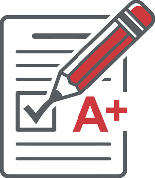 Grading paper icon with pencil and grade a plus marking on sheet for school exam results.
