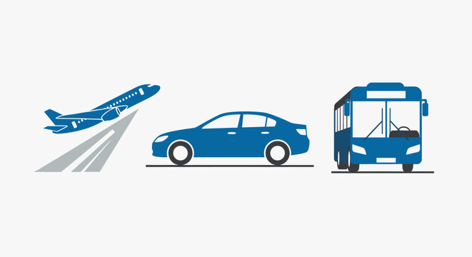 Three distinct modes of transportation are depicted: an airplane taking off, a blue sedan car, and a blue bus, all presented in a clean, graphic style.