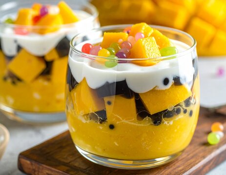 Colorful Asian dessert with black jelly, tropical fruits, and coconut milk. Served with sago pearls in a refreshing and creamy drink.