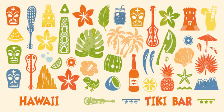 hawaiian themed vector illustrations with colorful tiki masks drinks and tropical plants high quality professional
