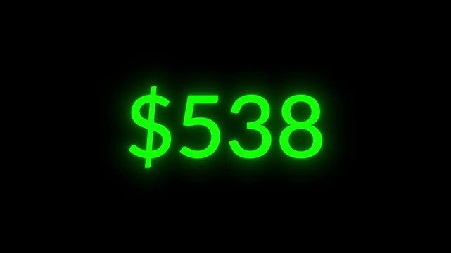 Money counter rising from zero to 1,000 dollars with an initial digital glitch effect on a black background