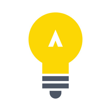 Detailed illustration of a bright yellow lightbulb with a white triangular logo and gray base on.