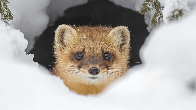 pine marten martes martes on a snow hole cave video