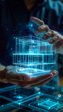 Closeup of architect hand creating architectural house model with blue digital hologram and augmented reality on virtual tablet smart building design 3D modeling and construction planning concept