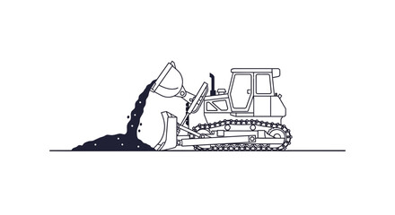 Bulldozer pushing dirt, construction equipment, line art illustration © yo