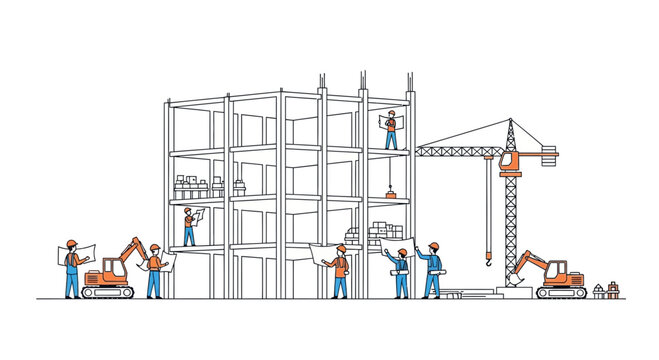 Building Construction Site with Workers and Crane