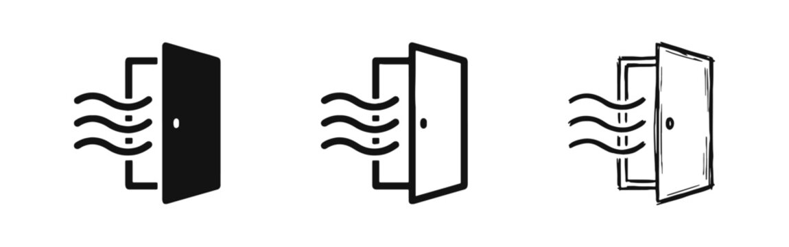 Open door with fresh air ventilation flow icon set