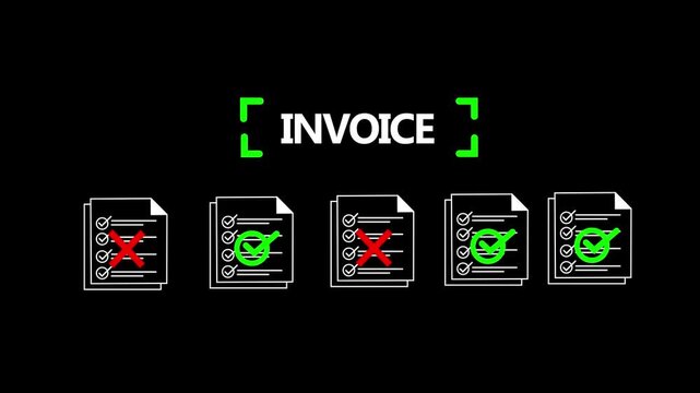 digital invoice approval process with checkmarks and rejection icons on dark background