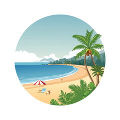 Obraz premium Coastal beach scene with palm trees and ocean under a clear sky in a circle