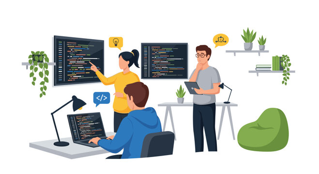 A team of three professional software developers works collaboratively in a brightly lit modern office setting using computer screens and tablets for their coding tasks.