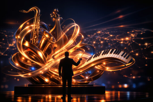 International Jazz Day abstract glowing sculpture with silhouette conductor, interwoven light filaments, bronze curves evoking saxophone double bass piano keys, global unity celebration