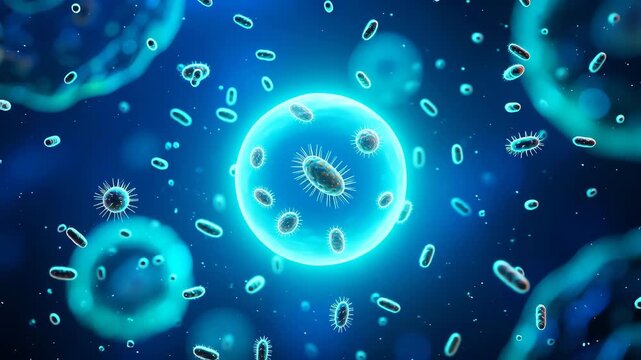 Glowing blue cells in deep blue micro world