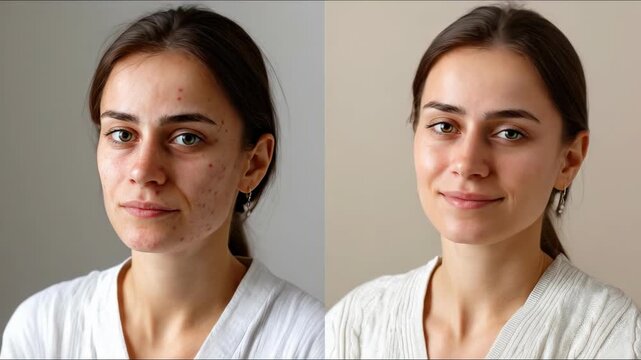 Female face demonstrating problematic skin before and after, showing acne, pimples, visible pores, successful therapeutic care, foundation makeup, treatment results
