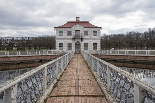 PETRODVORETS, RUSSIA - APRIL 18, 2026: Marley's Palace on a cloudy April morning. Peterhof Museum-Reserve