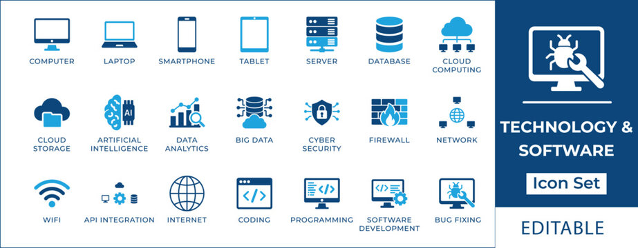 Technology and software icon set featuring cloud computing, artificial intelligence, database, cybersecurity, web development coding, server management, and network security symbols.