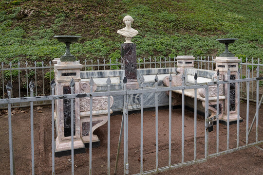PETRODVORETS, RUSSIA - APRIL 18, 2026: The bench of Grand Duchess Alexandra Nikolaevna. Peterhof Park