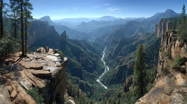 Hikers at Scenic Cliff Overlook, Deep River Canyon with Pine Forests and Layered Mountain Range, Bright Sunny Wilderness Landscape