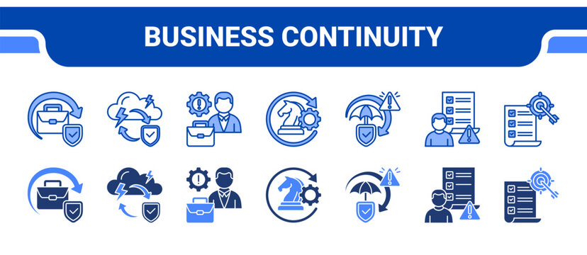 Business Continuity Icon Collection,  featuring Business Continuity, Disaster Recovery, Crisis Management, Recovery Strategy, Risk Mitigation, Risk Assessment, Strategy.