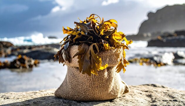 Freshly foraged sea vegetables like kelp and dulse packed inside a rustic burlap sack sitting on a rocky coastal shoreline with the ocean in the background.