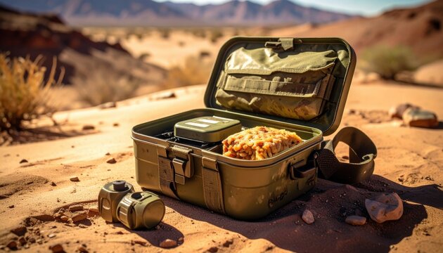 Open military field ration pack with dehydrated meal components resting on the sandy desert dunes. This tactical survival gear setup displays essential supplies in a harsh arid environment.
