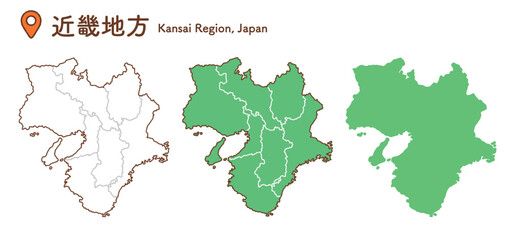 Fototapeta premium 近畿地方の地図イラストセット｜日本地図・都道府県・教材