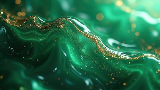 Abstract emerald marble swirls in hyper-realism, golden metallic veins blooming softly through deep translucent layers