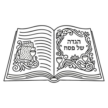 Open Passover haggadah book featuring traditional matzah, kiddush cups, and decorative borders with Hebrew text for seder celebration.