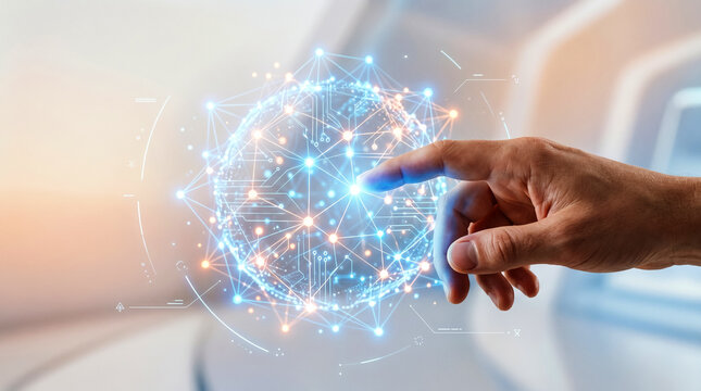 Businessman touching global digital network sphere, data connection concept, futuristic technology interface, big data visualization, communication and innovation system