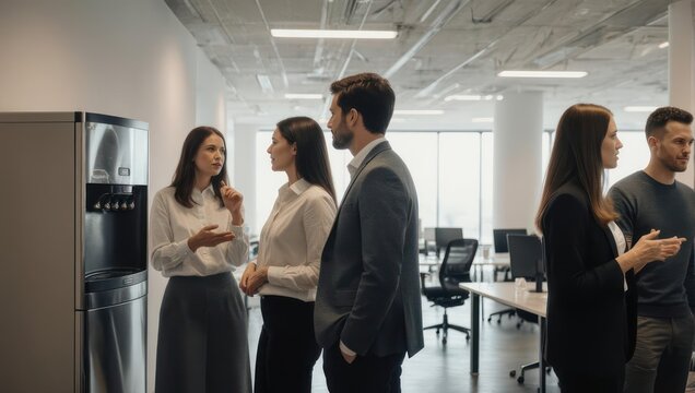 Diverse group of professionals interacting in a modern office break room.
