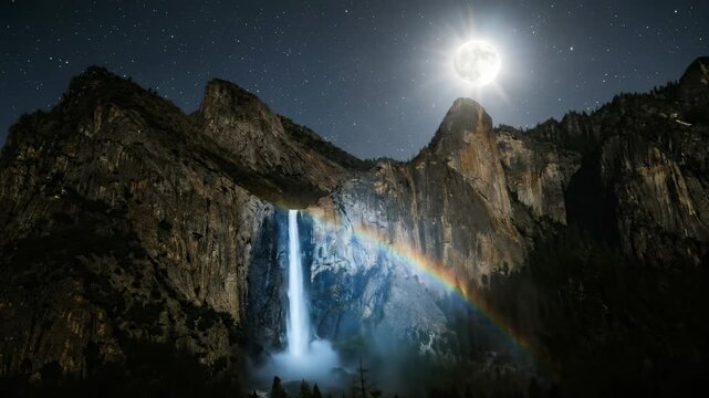 Majestic Moonlit Waterfall with Lunar Rainbow at Yosemite National Park