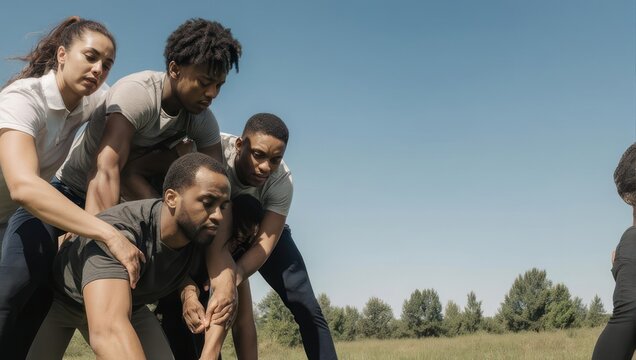 Diverse team of athletes in a huddle preparing for a play on a sunny field.