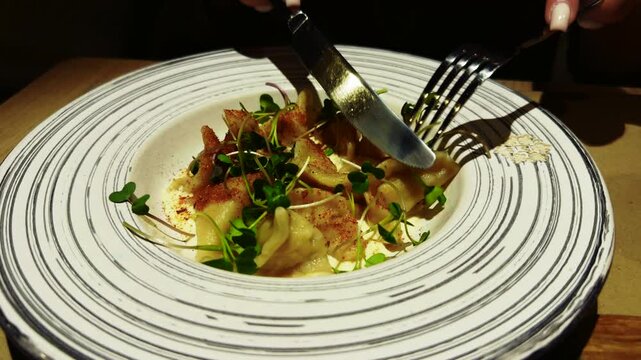 Ravioli With Microgreens  On Stylish Ceramic Plate. Main Course At Cafe