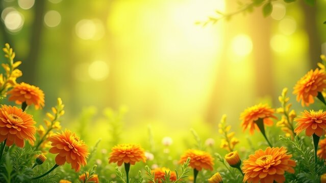 Vibrant spring summer decorative frame mockup with orange marigolds green ferns and yellow accents gently swaying in soft breeze