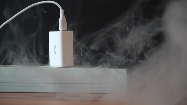 The charging unit is smoking in the outlet, heavy smoke from charging. overheating short circuit fire from. High quality FullHD footage