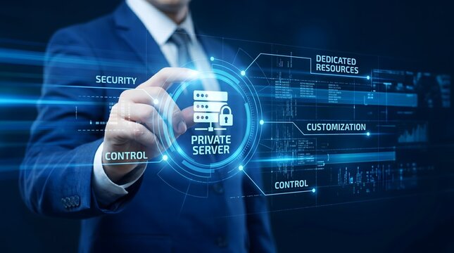 Businessman interacting with private server interface, security control, customization