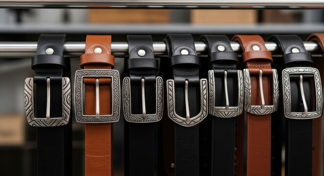 Assortment of Leather Belts Featuring Intricate Metal Buckles in a Retail Display
