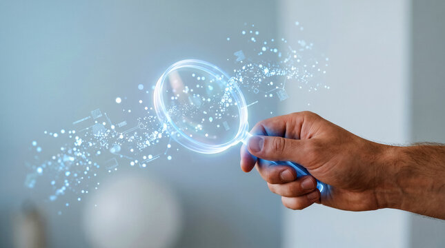Hand holding magnifying glass analyzing digital data, search and analytics concept, virtual information exploration, data inspection, technology research interface