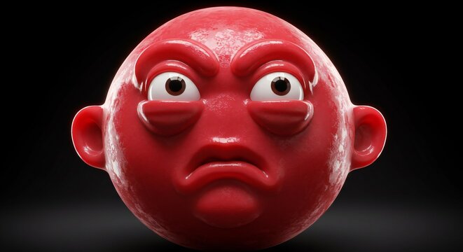 A close-up shot of a red cartoon face with a frowning expression on a dark background