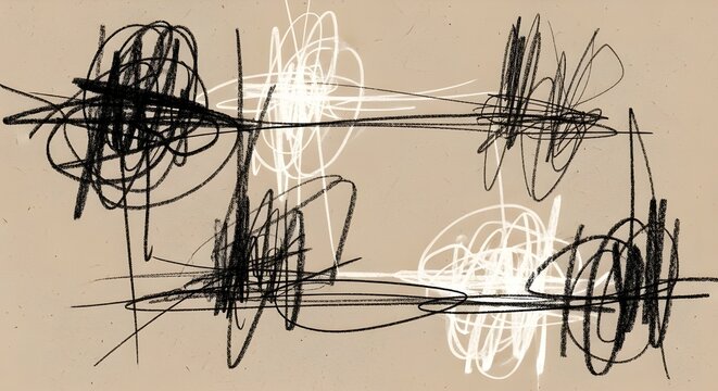 Abstract hand-drawn scribble composition on tan paper with clusters of loopy black and white lines resembling tangles or yarn. Primitive art style for texture and design elements.