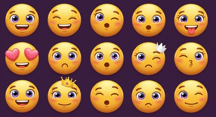 Fototapeta premium A set of various emojis displaying different facial expressions on a dark background