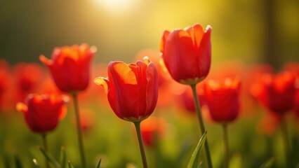 Fototapeta premium Macro red tulips swaying in spring breeze, vivid green bokeh meadow, glowing morning sunlight