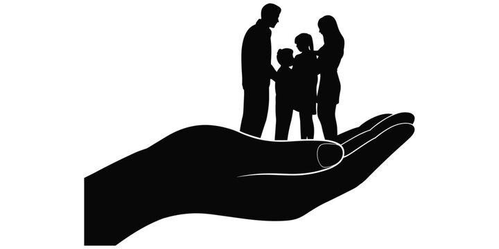 Protective hand holding family silhouette with parents and children, symbol of care, safety, guardianship concept artwork, flat vector illustration