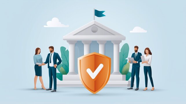 Secure financial institution with shield symbol representing trusted banking protection and modern economic security concept for business and finance