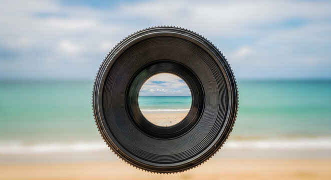 Black camera lens with beach background a focus on photography equipment